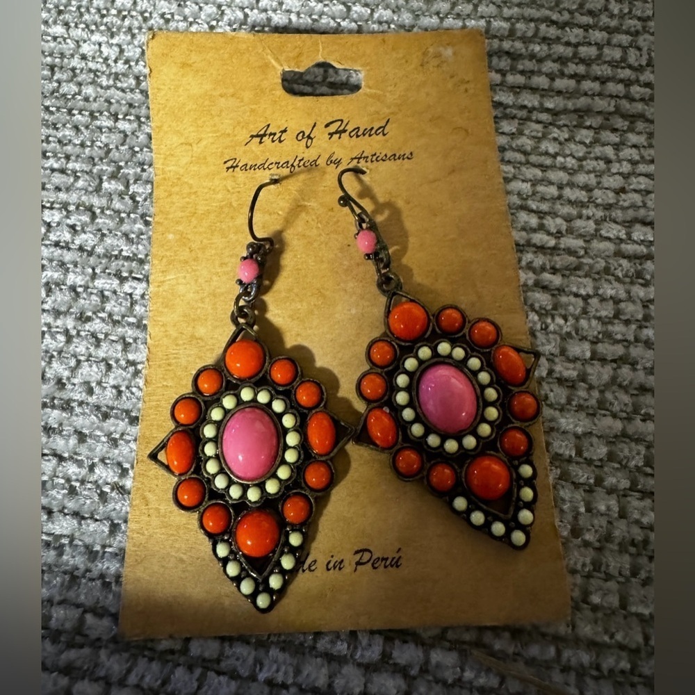 Art of Hand Orange Yellow Pink Beaded Dangle Earrings Western Southwest